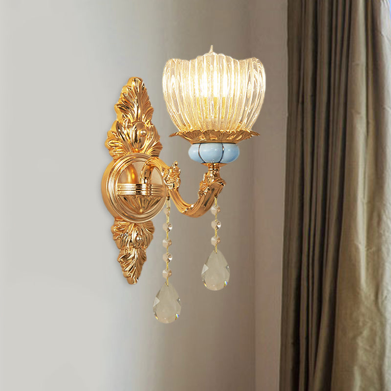 Single Ribbed Glass Wall Lamp Retro Gold Flower Bedroom Wall Mount Light Fixture