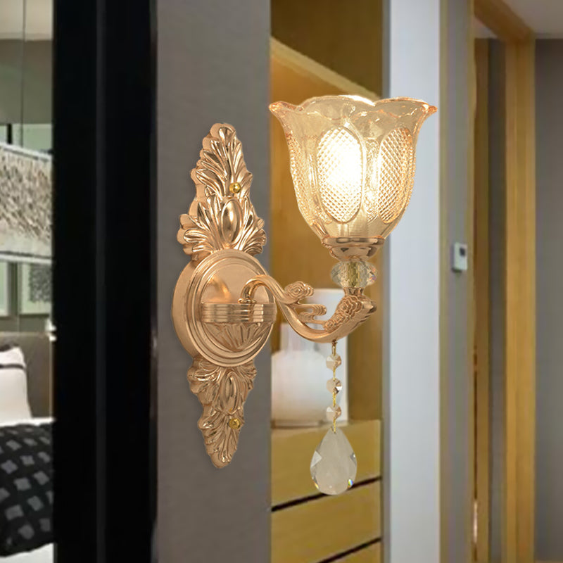 Gold 1/2-Light Wall Lighting Countryside Carved Glass Scalloped Sconce Light Fixture