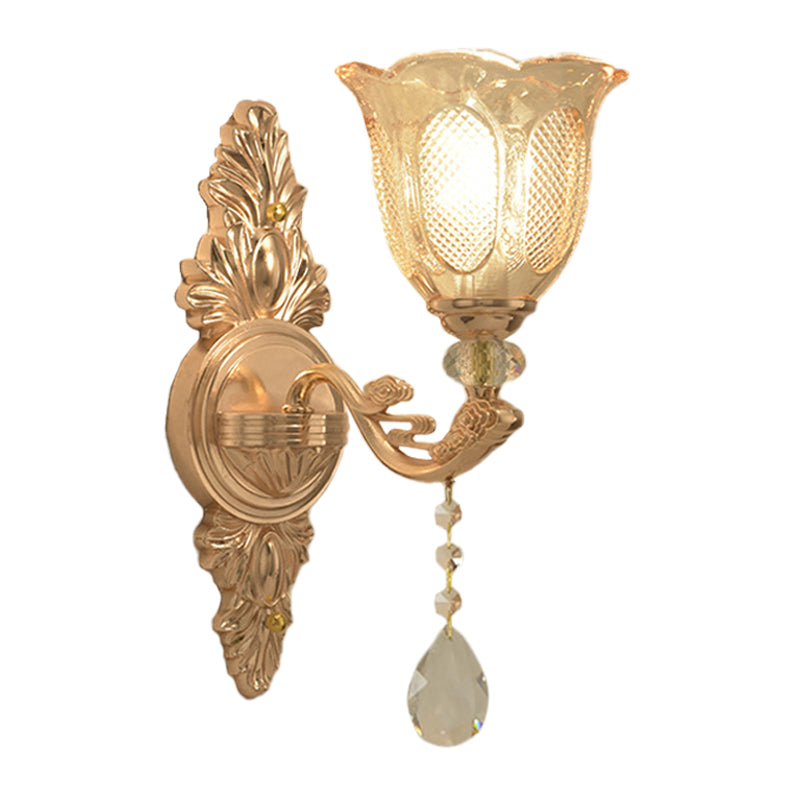 Gold 1/2-Light Wall Lighting Countryside Carved Glass Scalloped Sconce Light Fixture