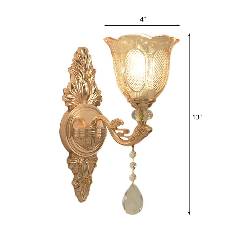 Gold 1/2-Light Wall Lighting Countryside Carved Glass Scalloped Sconce Light Fixture