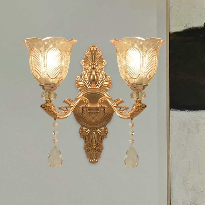 Gold 1/2-Light Wall Lighting Countryside Carved Glass Scalloped Sconce Light Fixture