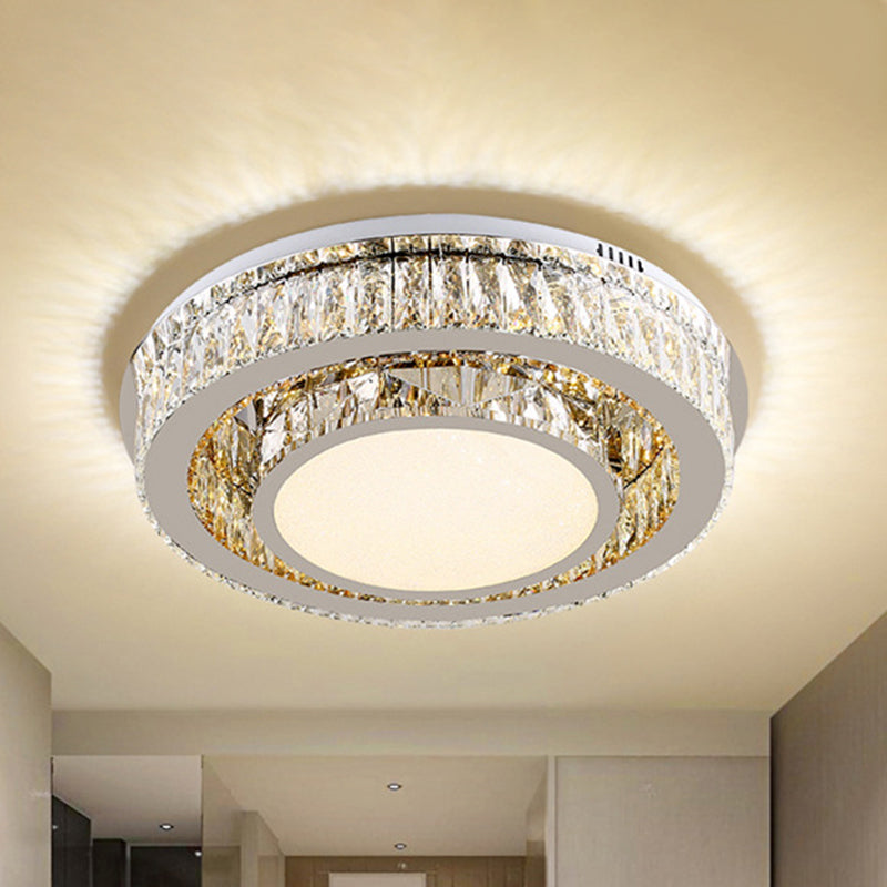 Drum Flushmount Ceiling Lamp Contemporary Beveled Crystal Prisms LED Lighting Fixture in Nickel