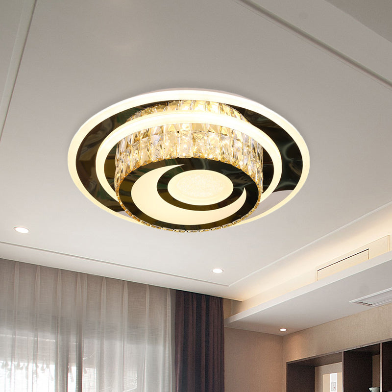 Drum Beveled Crystal Close to Ceiling Lamp Simple LED Guest Room Flushmount Light in Stainless Steel