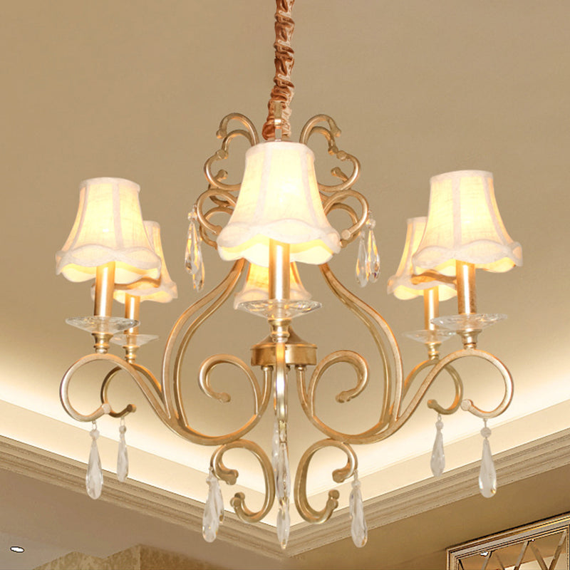 Fabric Shade Crystal Teadrop Kroonluchter Traditionele 6-Bulb Galway Plafond Light in Gold