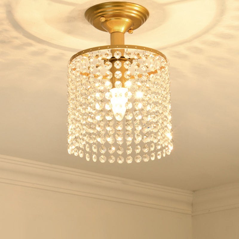 Cylindrical Crystal Strand Semi Flush Lamp Simple 1-Light Gold Finish Close to Ceiling Lighting