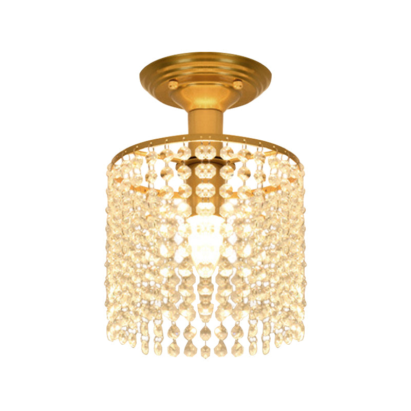 Cylindrical Crystal Strand Semi Flush Lamp Simple 1-Light Gold Finish Close to Ceiling Lighting
