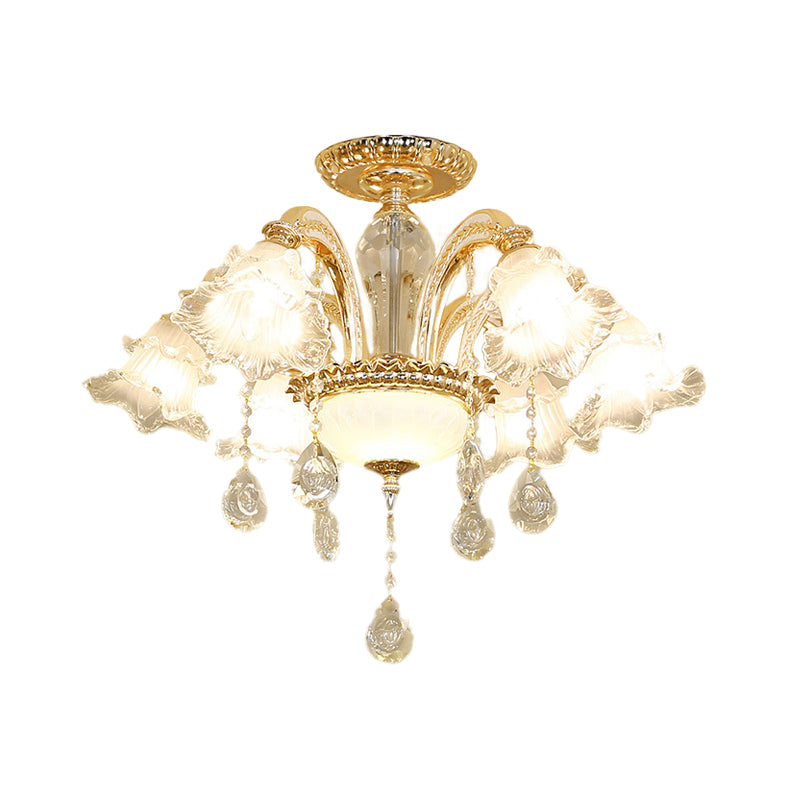 Hand-Cut K9 Crystal Flower Semi Flush Mid Century 6 Lights Bedroom Flush Ceiling Light Fixture in Gold