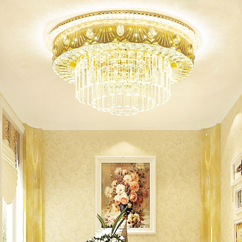 Tiered Drum Bedroom Flushmount Light Clear Crystal Rectangle LED Contemporary Flush Mount Fixture in Gold