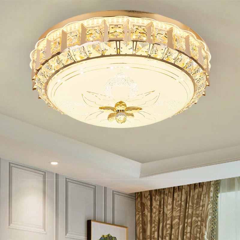 Drum Living Room Flush Mount Crystal Block LED Contemporary Flushmount Lighting in Gold