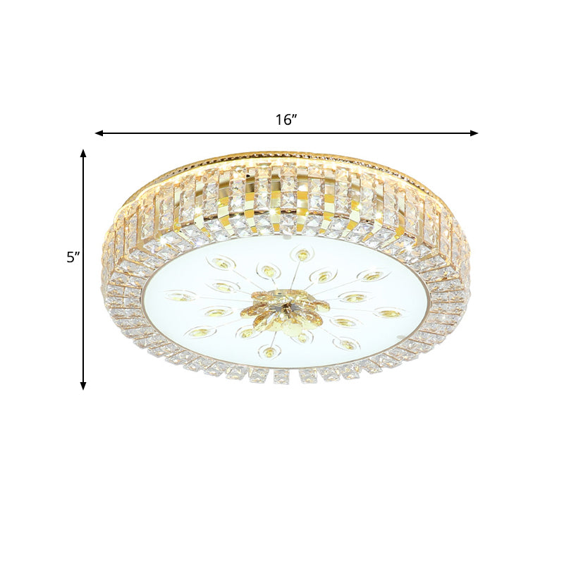 Gold Finish Drum Ceiling Mounted Lamp Modernist LED Crystal-Block Flush Lighting for Bedroom