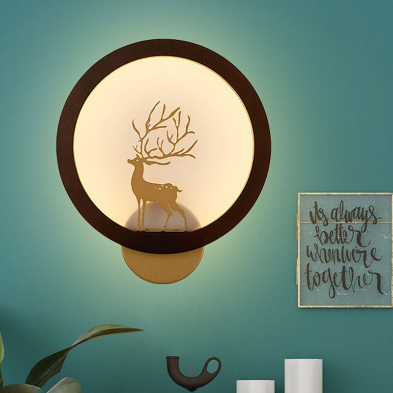 Houten halo ring muurschildering verlichting eigentijdse zwart/beige led muur sconce met sika herten silhouet