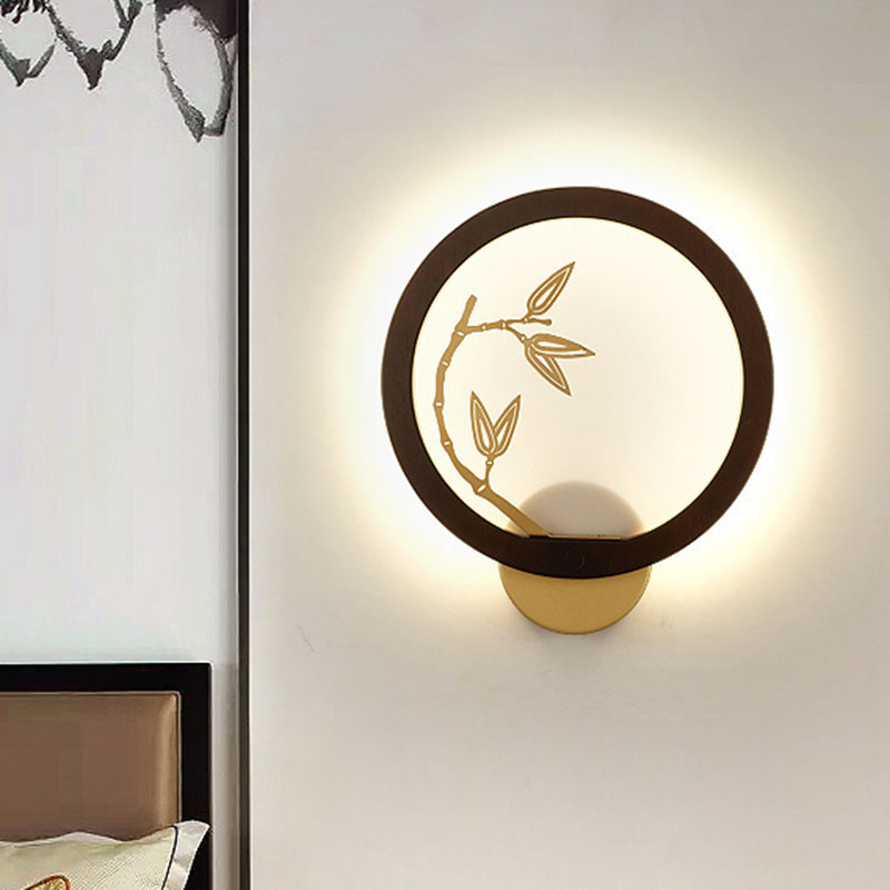 Black/Beige Bamboo Leaf Mural Lamp Chinese Style Wood LED Wall Mount Light Fixture for Bedroom