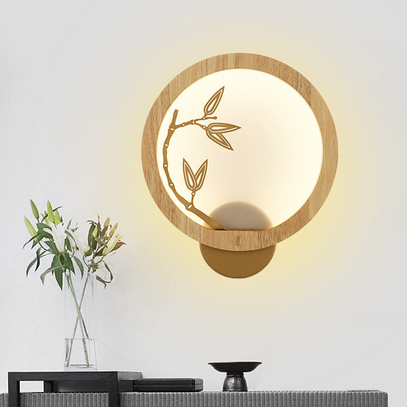 Black/Beige Bamboo Leaf Mural Lamp Chinese Style Wood LED Wall Mount Light Fixture for Bedroom