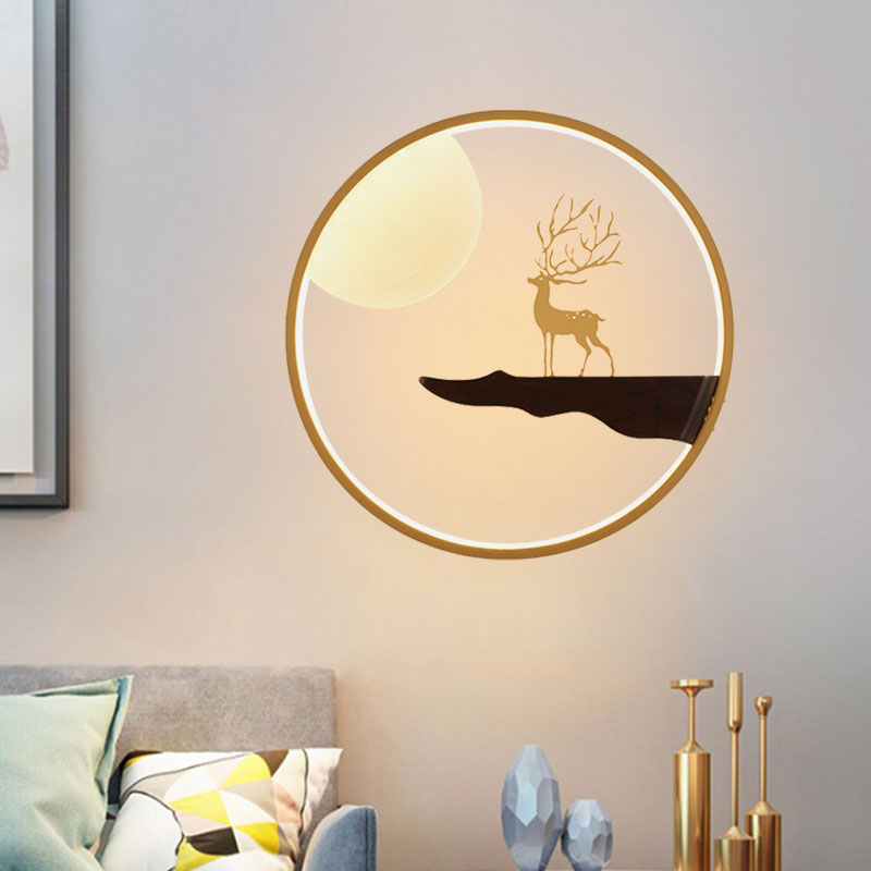 Asian LED Wall Mural Lighting Black/Beige Moon and Deer Wall Mounted Light with Wood Frame