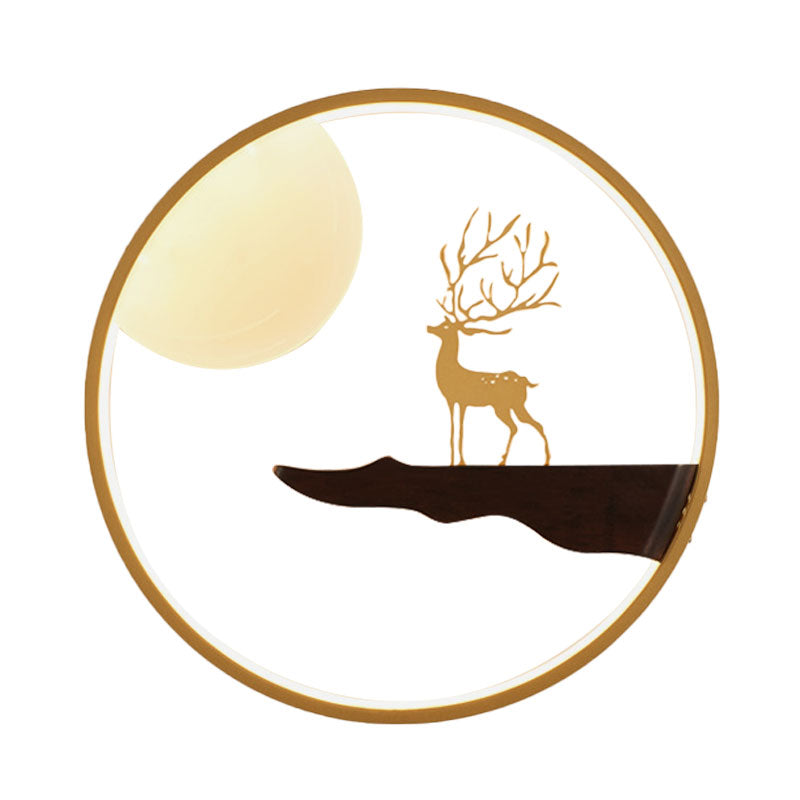 Asian LED Wall Mural Lighting Black/Beige Moon and Deer Wall Mounted Light with Wood Frame