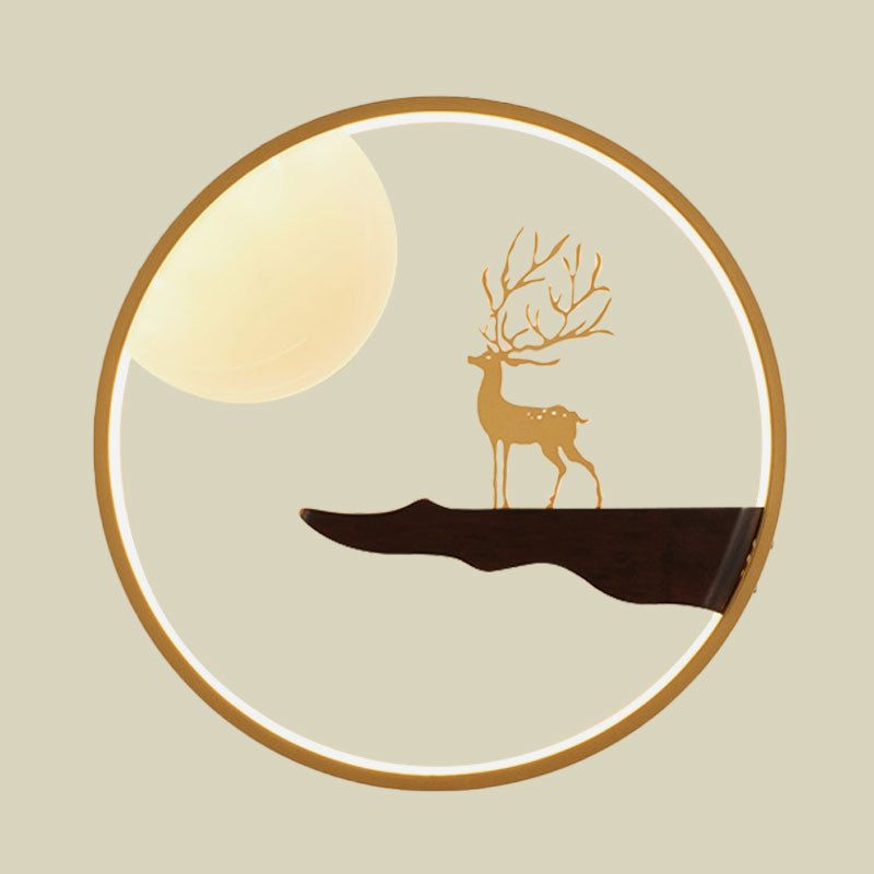 Asian LED Wall Mural Lighting Black/Beige Moon and Deer Wall Mounted Light with Wood Frame