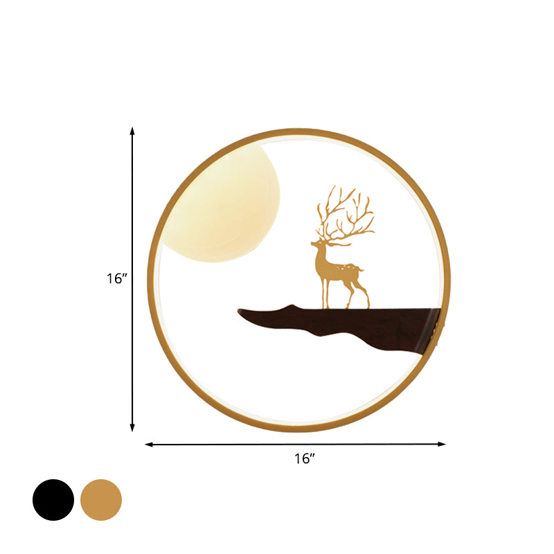 Asian LED Wall Mural Lighting Black/Beige Moon and Deer Wall Mounted Light with Wood Frame
