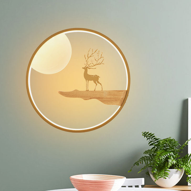 Asian LED Wall Mural Lighting Black/Beige Moon and Deer Wall Mounted Light with Wood Frame