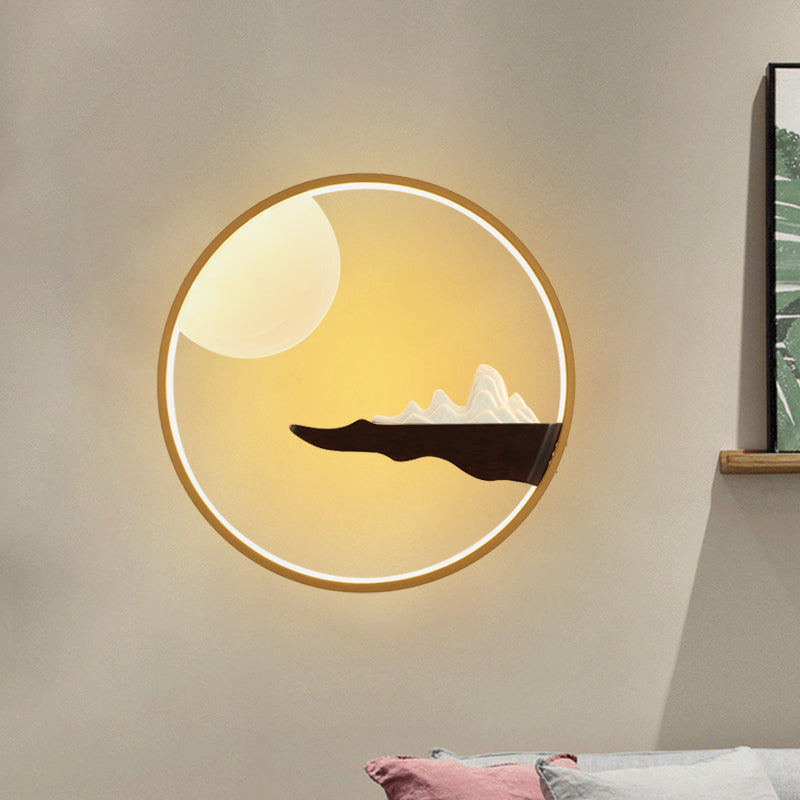 Mountain and Full Moon Wall Mural Light Asia Wooden Black/Beige LED Sconce Lighting for Hotel