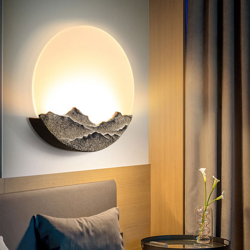 Maanvormige acryl -muurschildering verlichting Noordse blauwe/bruine LED -wandmontage Lamp met bergontwerp