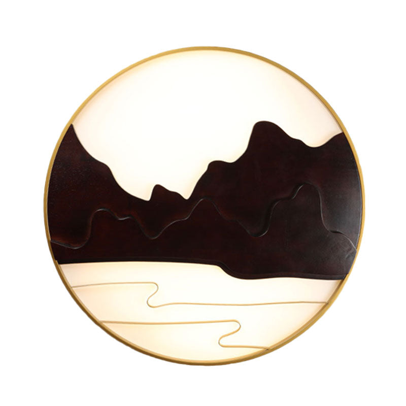 Mountain Silhouette Wall Mural Light Asian Wooden Black LED Sconce Lighting for Tearoom