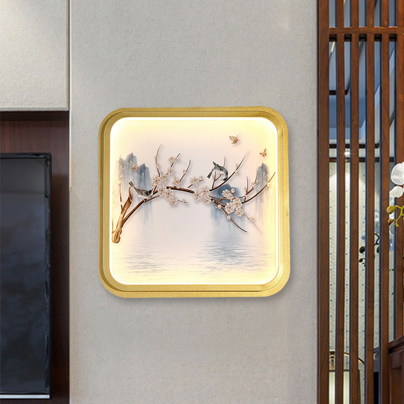 Asia LED Wall Mount Mural Light Gold/Khaki Lake and Flower Branch Painting Sconce Lighting with Fabric Shade