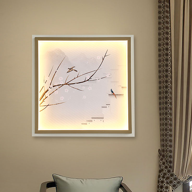 Asia LED Wall Mount Mural Light Gold/Khaki Lake and Flower Branch Painting Sconce Lighting with Fabric Shade