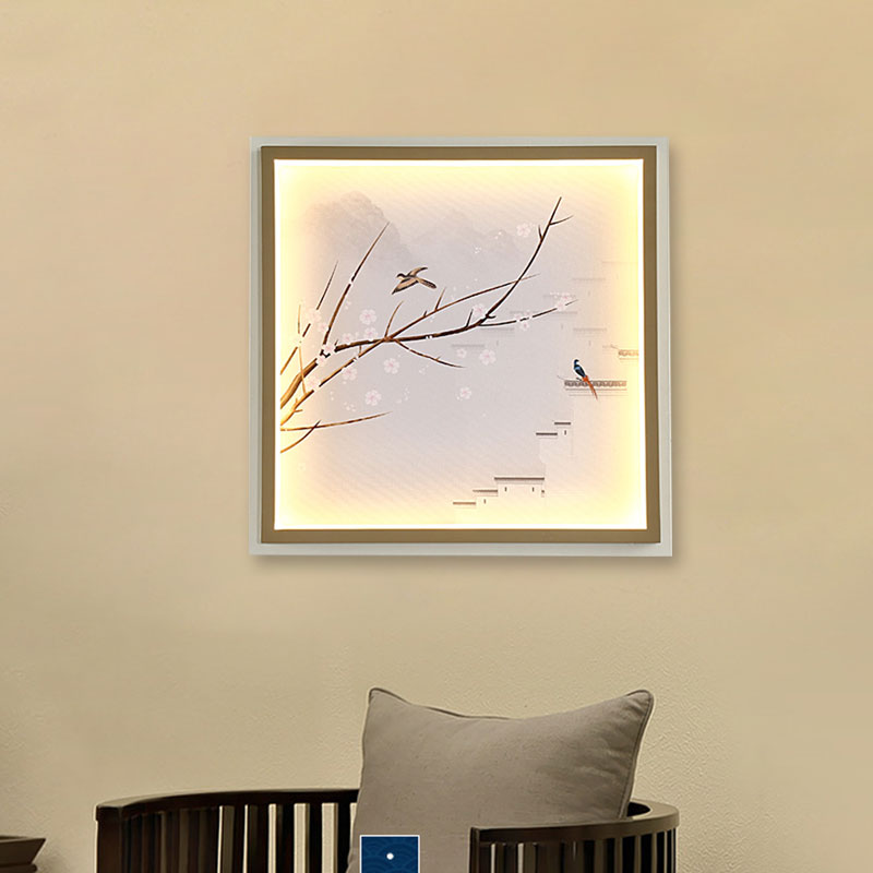 Asia LED Wall Mount Mural Light Gold/Khaki Lake and Flower Branch Painting Sconce Lighting with Fabric Shade