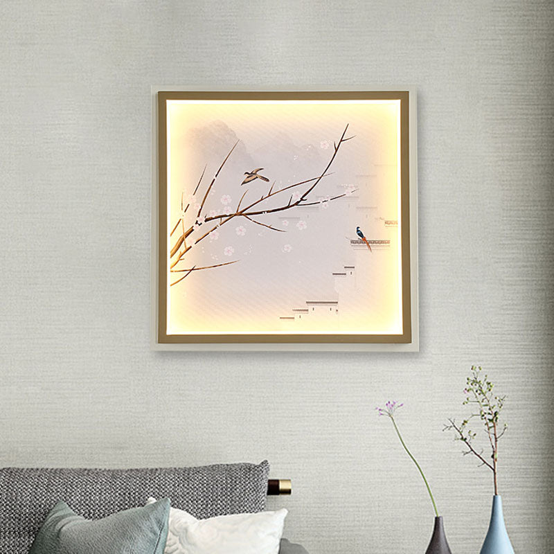 Asia LED Wall Mount Mural Light Gold/Khaki Lake and Flower Branch Painting Sconce Lighting with Fabric Shade