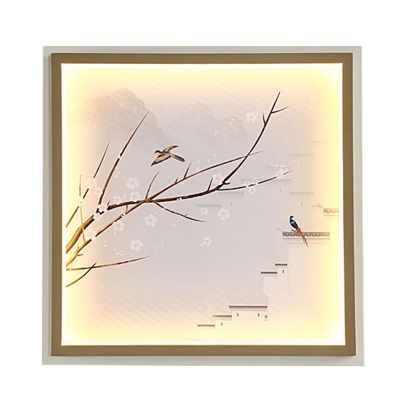Asia LED Wall Mount Mural Light Gold/Khaki Lake and Flower Branch Painting Sconce Lighting with Fabric Shade
