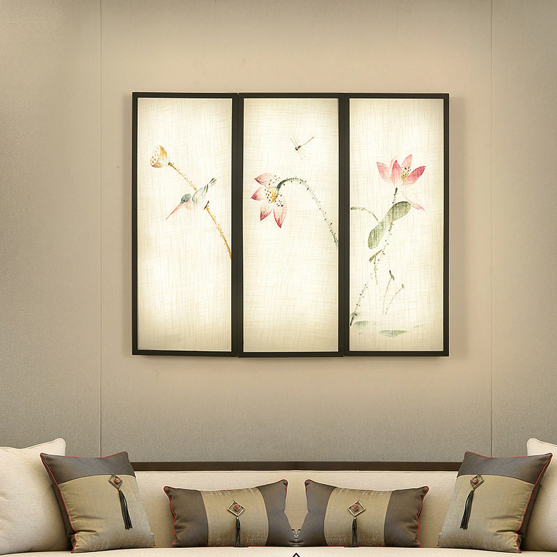 Black Panel Rectangular Mural Lamp Asia LED Fabric Wall Mount Lamp with Lotus Pattern
