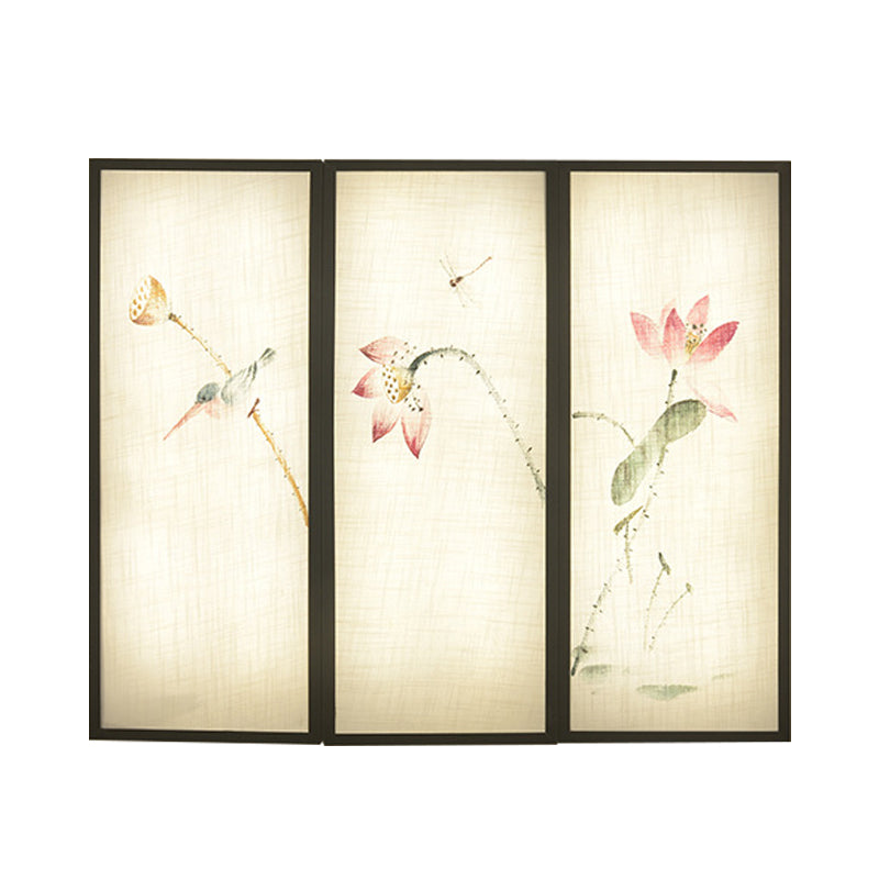 Black Panel Rectangular Mural Lamp Asia LED Fabric Wall Mount Lamp with Lotus Pattern