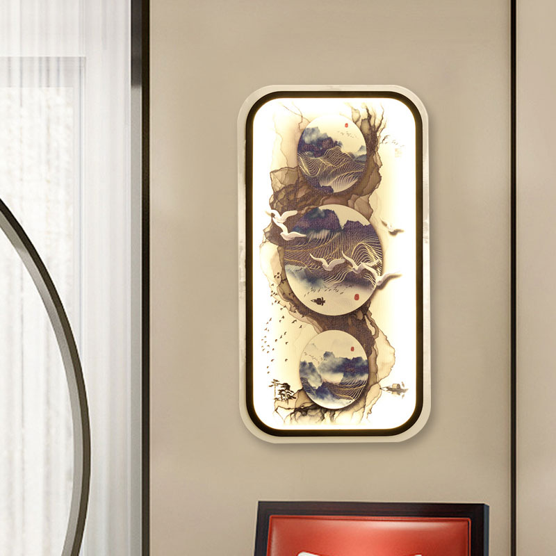 Abstract Painting Mural Light Sconce Asian Fabric Restaurant LED Wall Lamp Kit in Black
