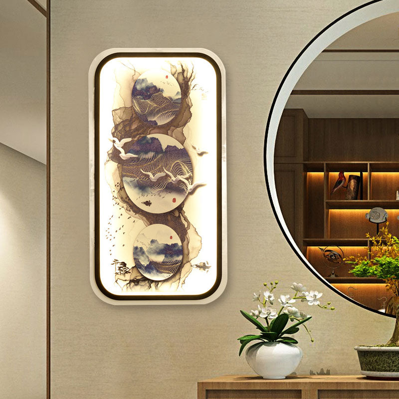 Abstract Painting Mural Light Sconce Asian Fabric Restaurant LED Wall Lamp Kit in Black
