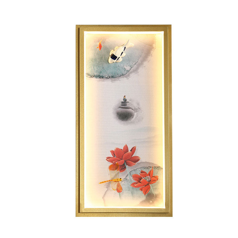 Chinese Ink Village/Lotus Mural Lamp Fabric Family Room LED Wall Mount Light in Gold
