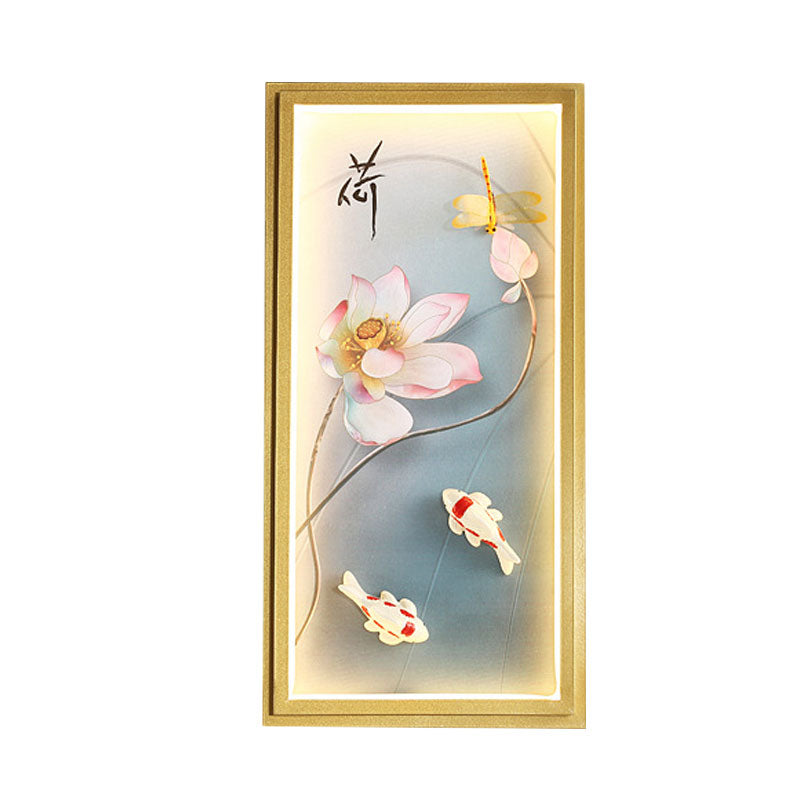 Asia Lotus Fabric Wall Mount Mural Lamp LED Flush Mount Wall Sconce in Gold for Bedroom