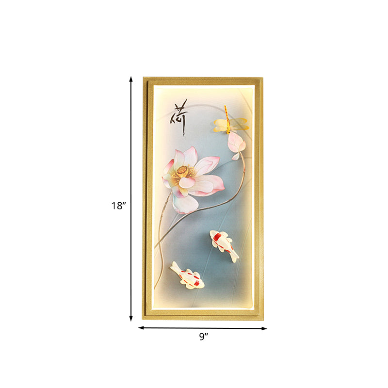 Asia Lotus Fabric Wall Mount Mural Lamp LED Flush Mount Wall Sconce in Gold for Bedroom