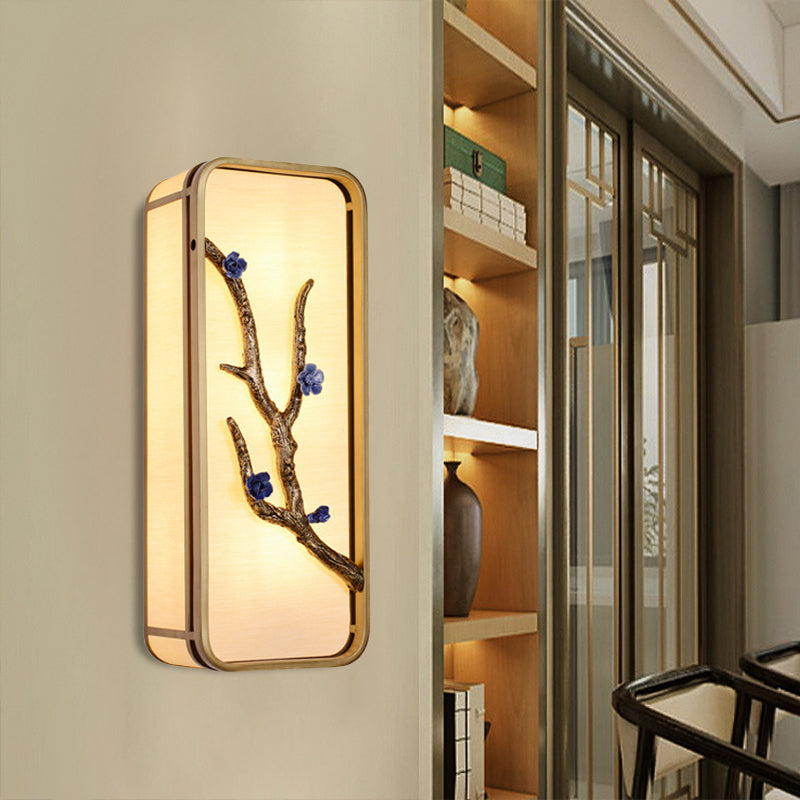15"/23" H Rectangle Wall Mural Lighting Asian Fabric Gold LED Wall Lamp with Flower Branch Decoration