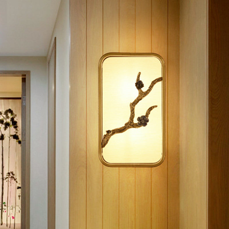 15"/23" H Rectangle Wall Mural Lighting Asian Fabric Gold LED Wall Lamp with Flower Branch Decoration