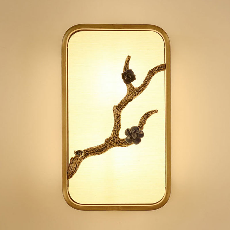 15"/23" H Rectangle Wall Mural Lighting Asian Fabric Gold LED Wall Lamp with Flower Branch Decoration