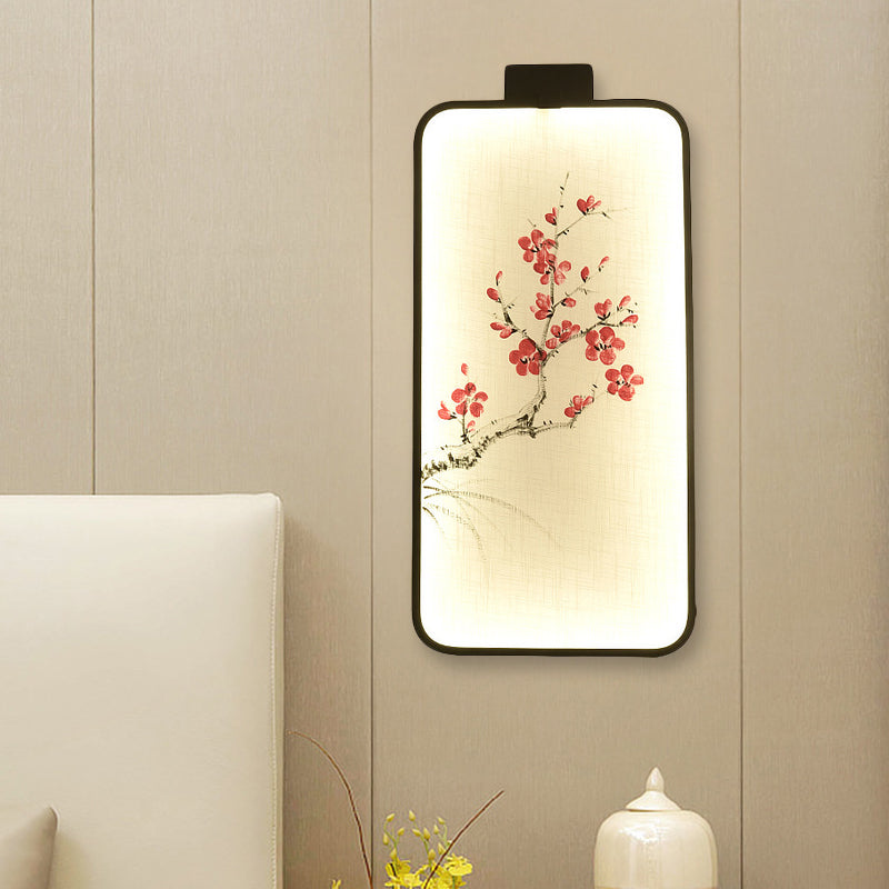 Fabric Blooming Lotus/Peach Mural Lamp Chinese Black LED Wall Mounted Lighting for Bedroom