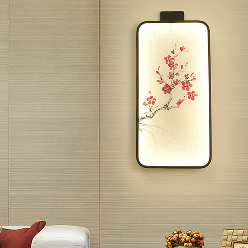 Fabric Blooming Lotus/Peach Mural Lamp Chinese Black LED Wall Mounted Lighting for Bedroom