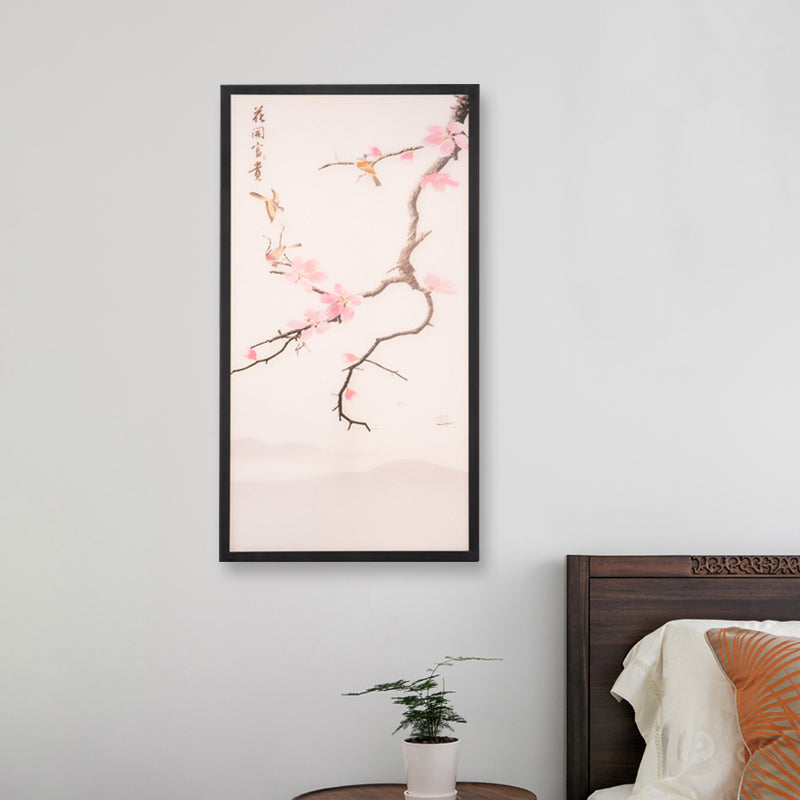 Asian Style LED Wall Mount Mural Light Black Bird and Peach Blossom Painting Sconce with Fabric Shade, 18"/29.5" H