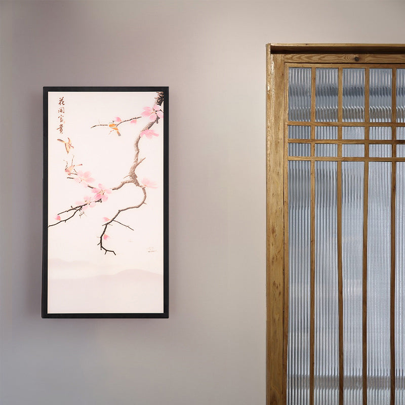 Asian Style LED Wall Mount Mural Light Black Bird and Peach Blossom Painting Sconce with Fabric Shade, 18"/29.5" H