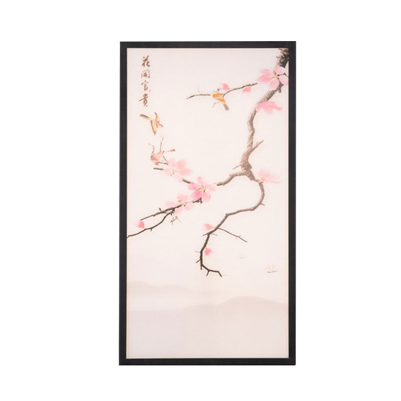 Asian Style LED Wall Mount Mural Light Black Bird and Peach Blossom Painting Sconce with Fabric Shade, 18"/29.5" H