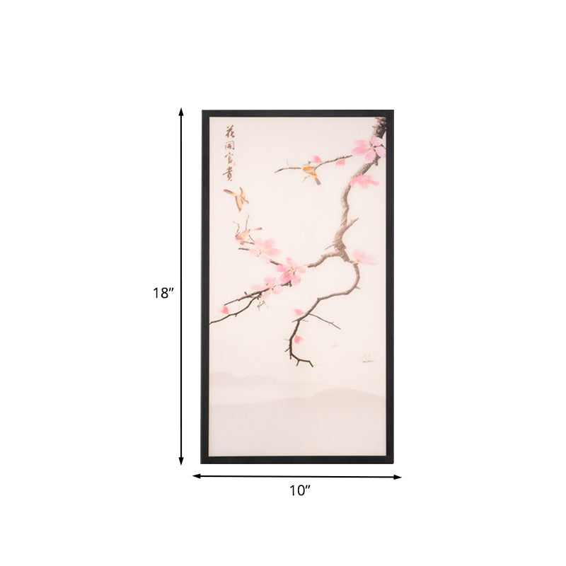 Asian Style LED Wall Mount Mural Light Black Bird and Peach Blossom Painting Sconce with Fabric Shade, 18"/29.5" H