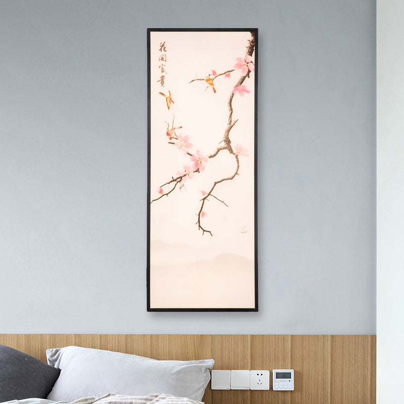 Asian Style LED Wall Mount Mural Light Black Bird and Peach Blossom Painting Sconce with Fabric Shade, 18"/29.5" H