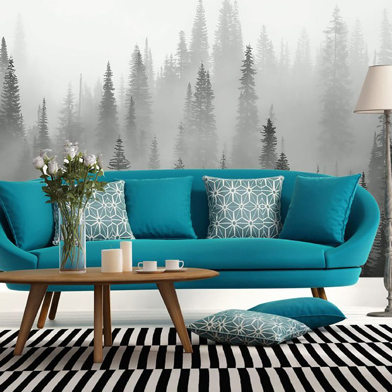 Enormous Misty Trees Wall Mural in Grey Non-Woven Wall Covering for Home Decor, Custom-Printed