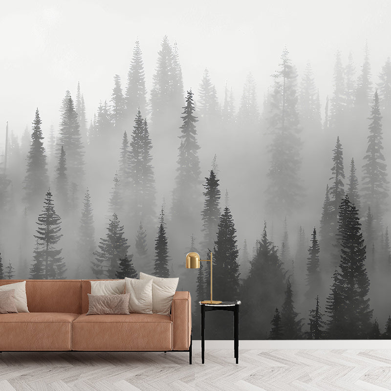 Enormous Misty Trees Wall Mural in Grey Non-Woven Wall Covering for Home Decor, Custom-Printed