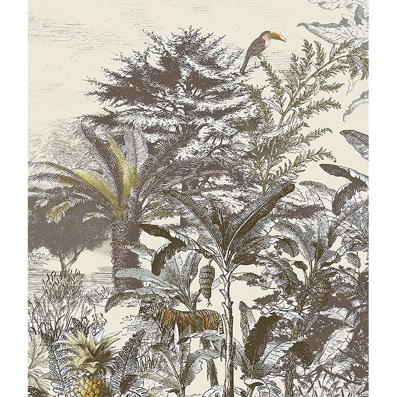 Whole Animal and Plants Mural for Coffee Shop Jungle Wall Art in Grey, Stain-Resistant